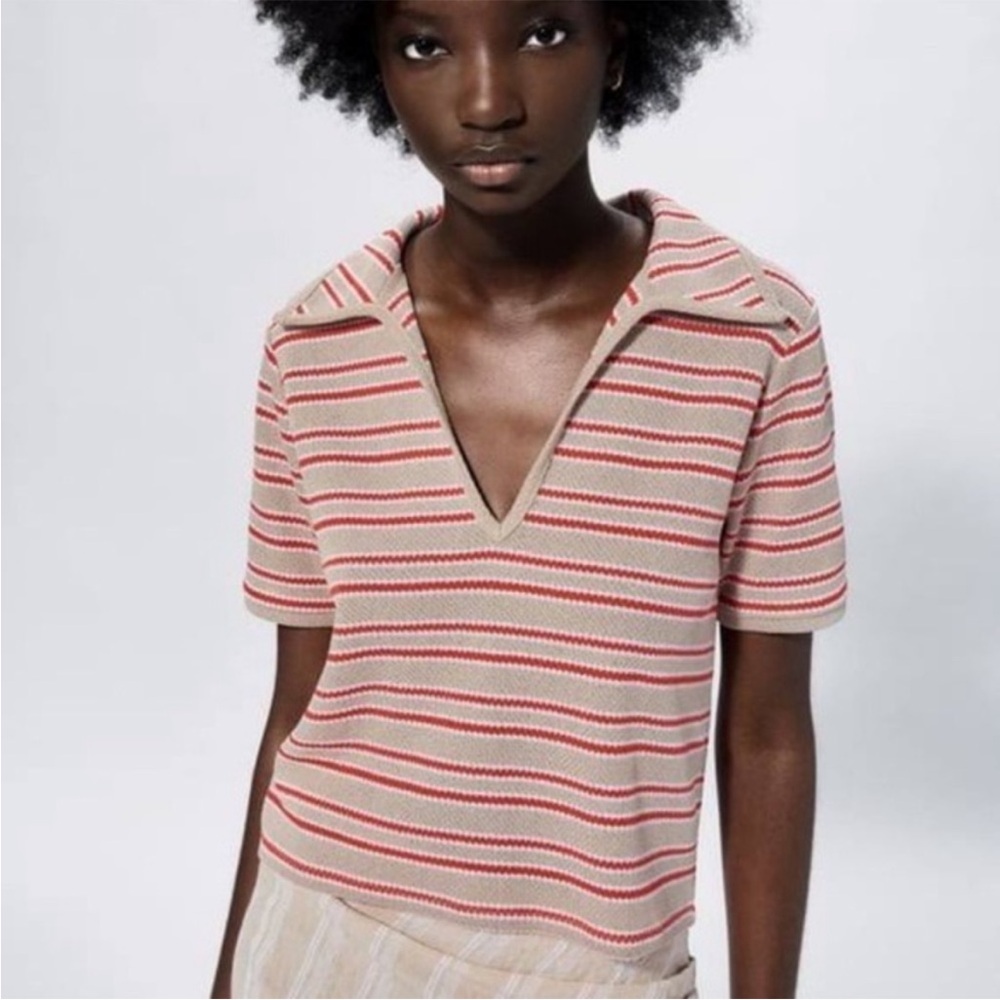 Zara Knit Cropped Stripped Collar V-neck Top